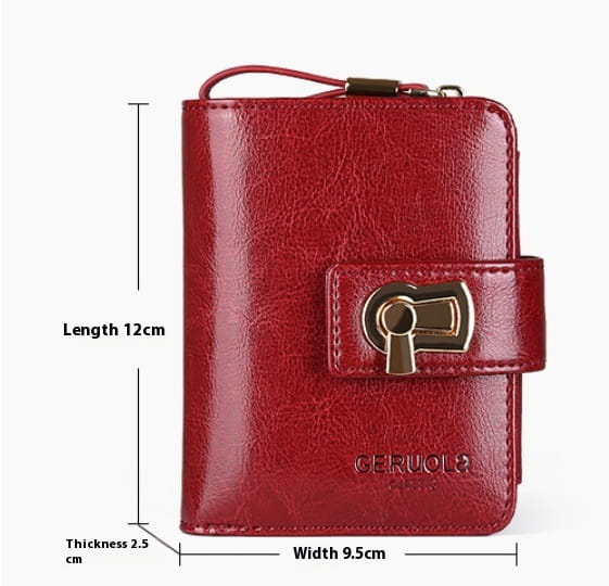 Red leather women’s leather RFID large capacity buckle wallet with a gold-tone keyhole-style clasp and geruol embossed on the front.