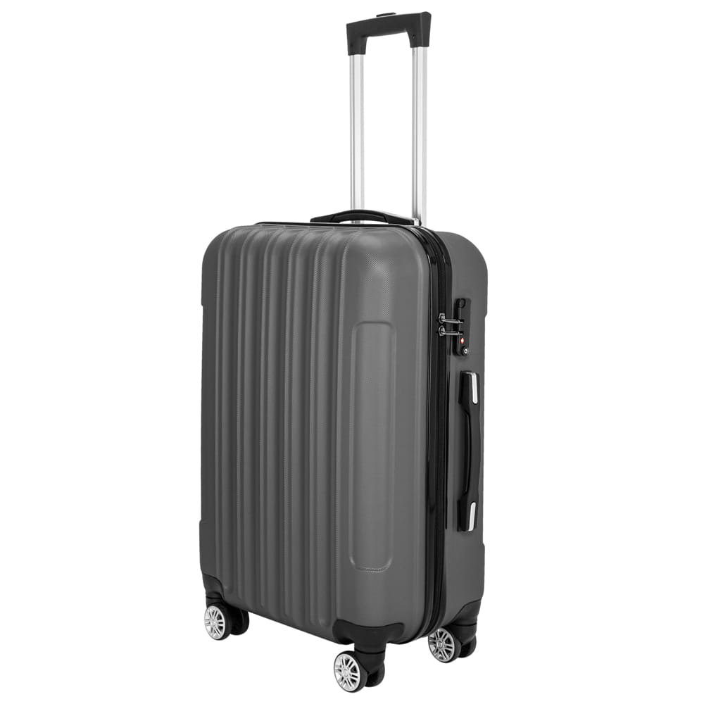 dark gray hardshell spinner suitcase with vertical ribbed texture black handle wheels and silver telescoping pull up handle from 3-in-1 dark gray hardshell spinner luggage set