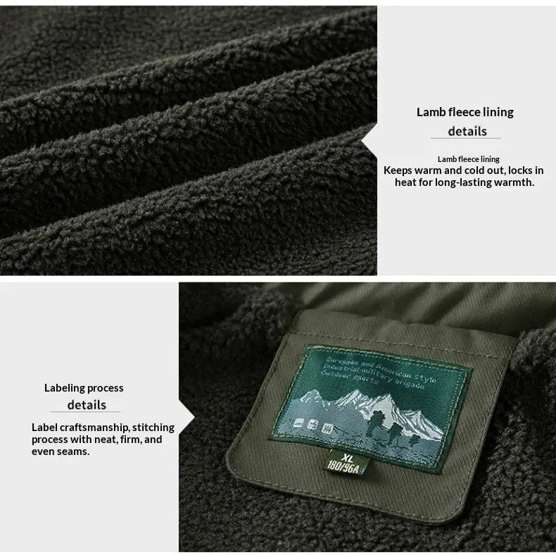 Veste boutonnée en matelassé à empiècements pour homme en velours côtelé doublée en laine d’agneau noire, avec étiquette de montagne brodée verte et marquage de taille xl 180 96a visible à l’intérieur de la doublure