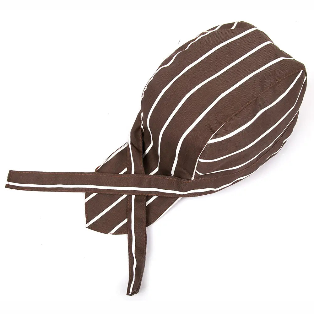 Brown and white striped chef hat made of durable fabric with an adjustable tied-back design for kitchen work.