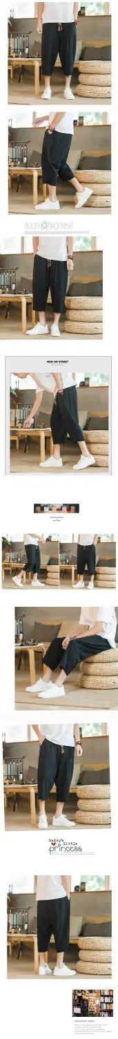 men linen capri pants in black cotton with a relaxed fit and rolled cuffs featuring a drawstring waistband