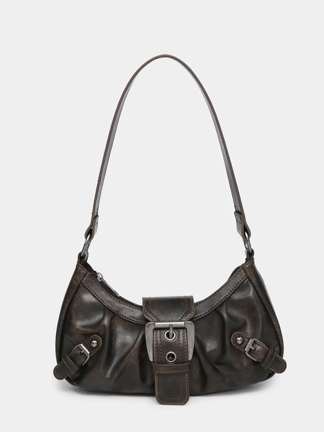 Dark brown vintage leather shoulder bag with a central silver buckle and two side buckles.