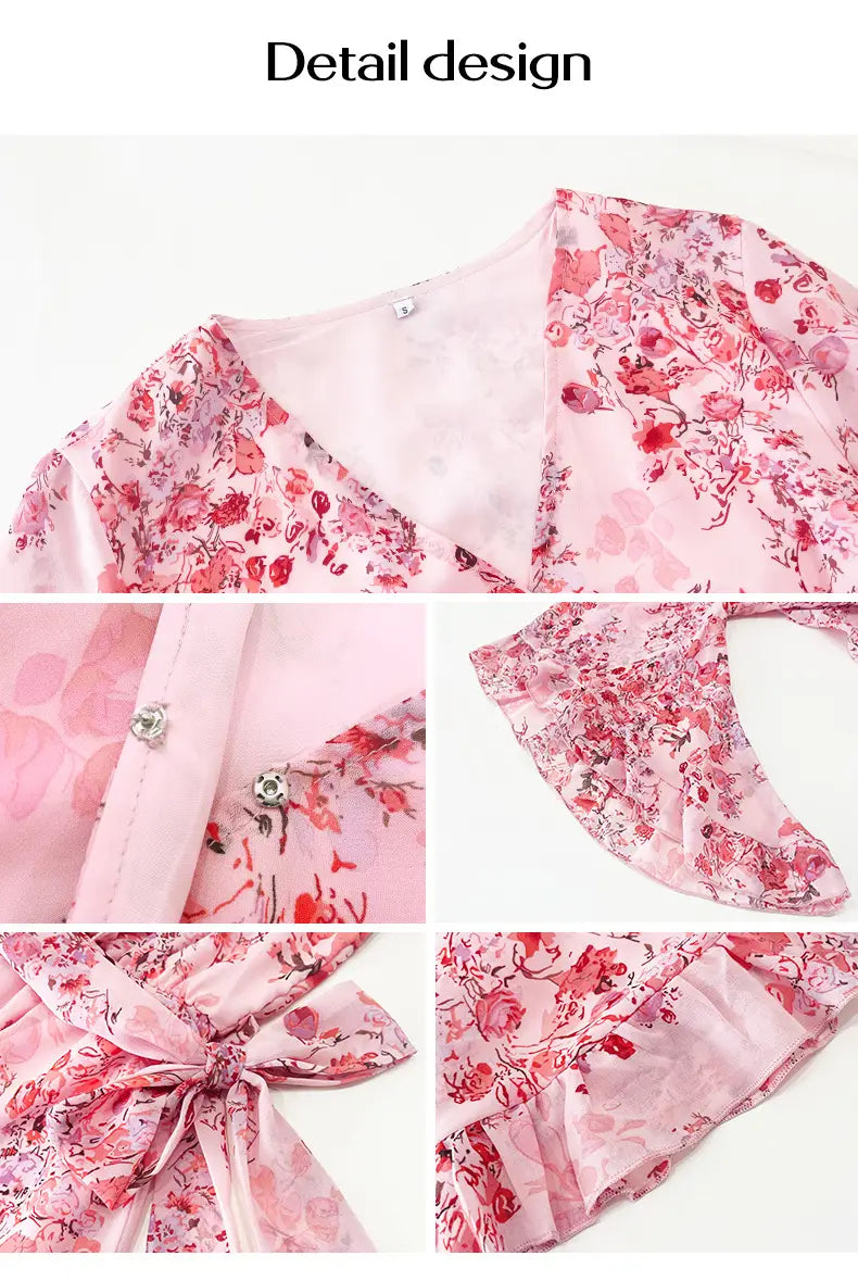 A delicate pink women’s floral V-neck ruffle dress with waist tie and soft flowing fabric.