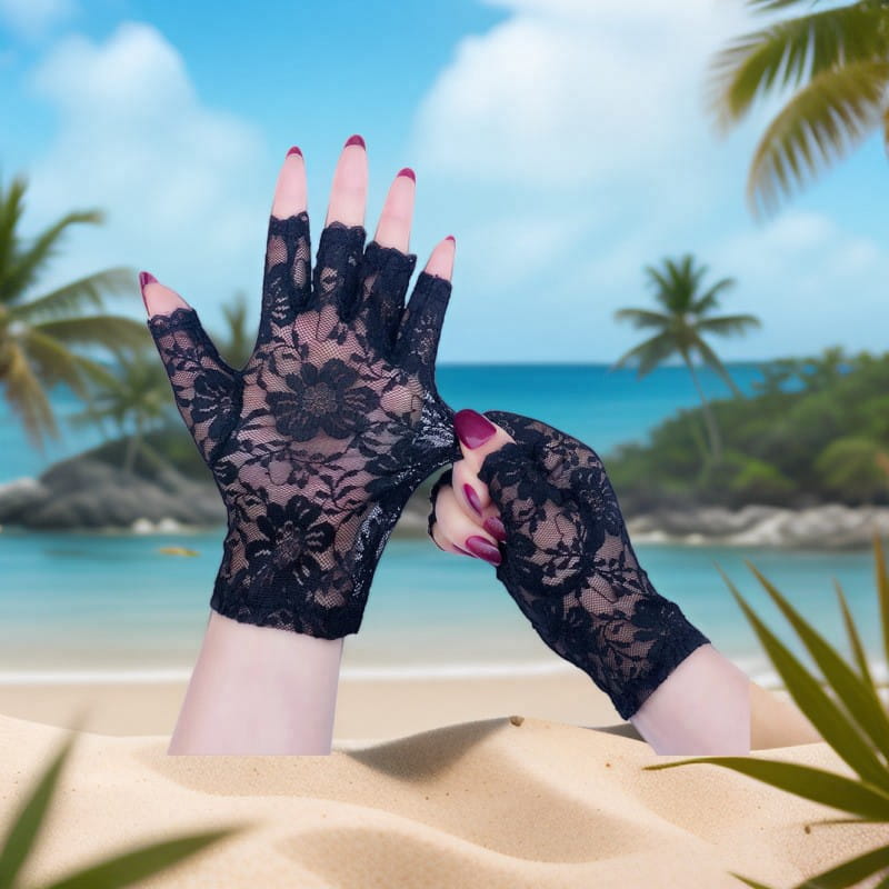 Black lace fingerless gloves for women featuring floral patterns designed for sun protection.