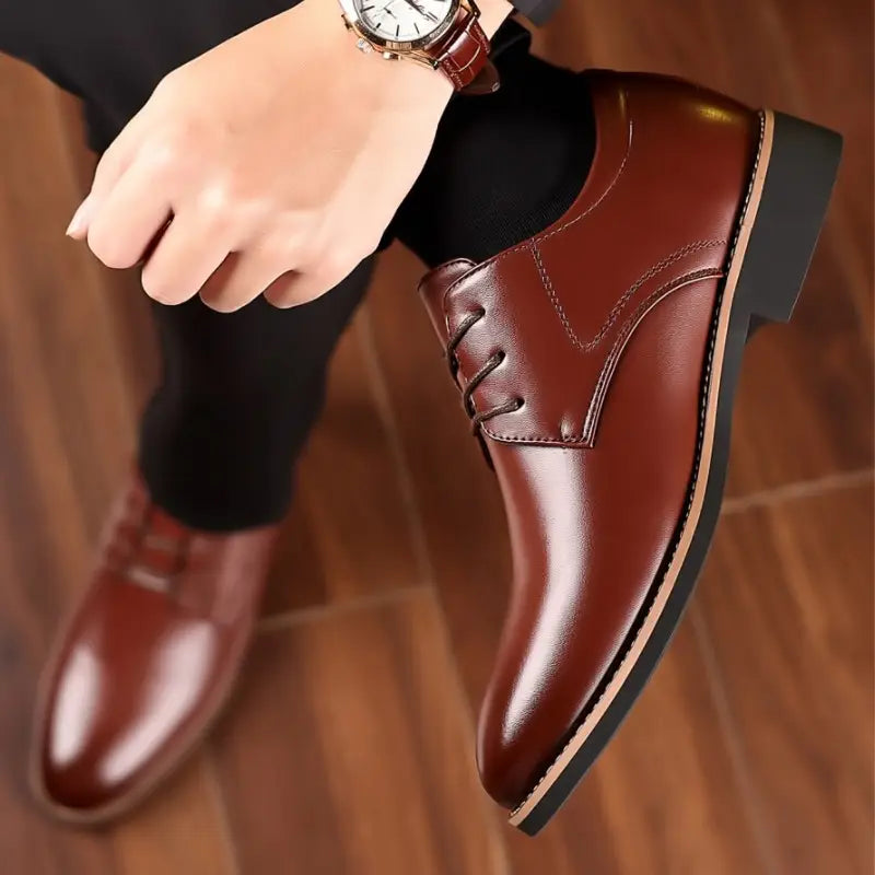 polished brown leather lace-up men’s plus size business formal dress shoes with a sleek classic design