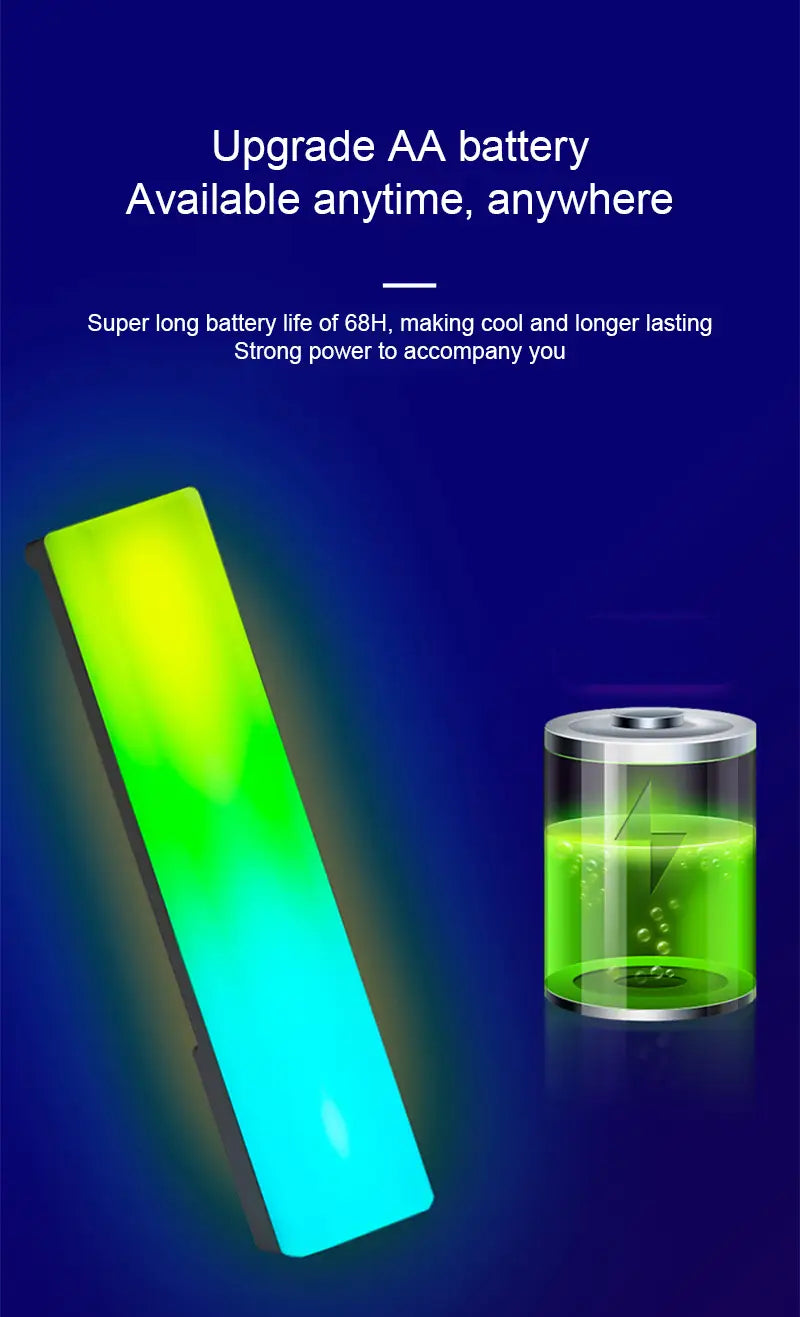 RGB-Rhythmus-Lichtleiste mit sprachaktivierter Gaming-Lampe mit elegant rechteckigem Design und einem LED-Leuchten mit Verlauf von Gelb nach Blau.
