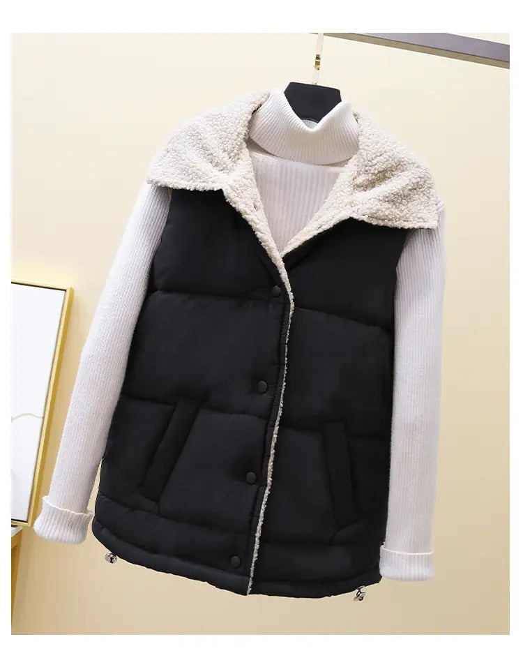 Black quilted vest with a plush cream-colored shearling collar and front button closure featured in a product titled mint green quilted shearling vest for women.