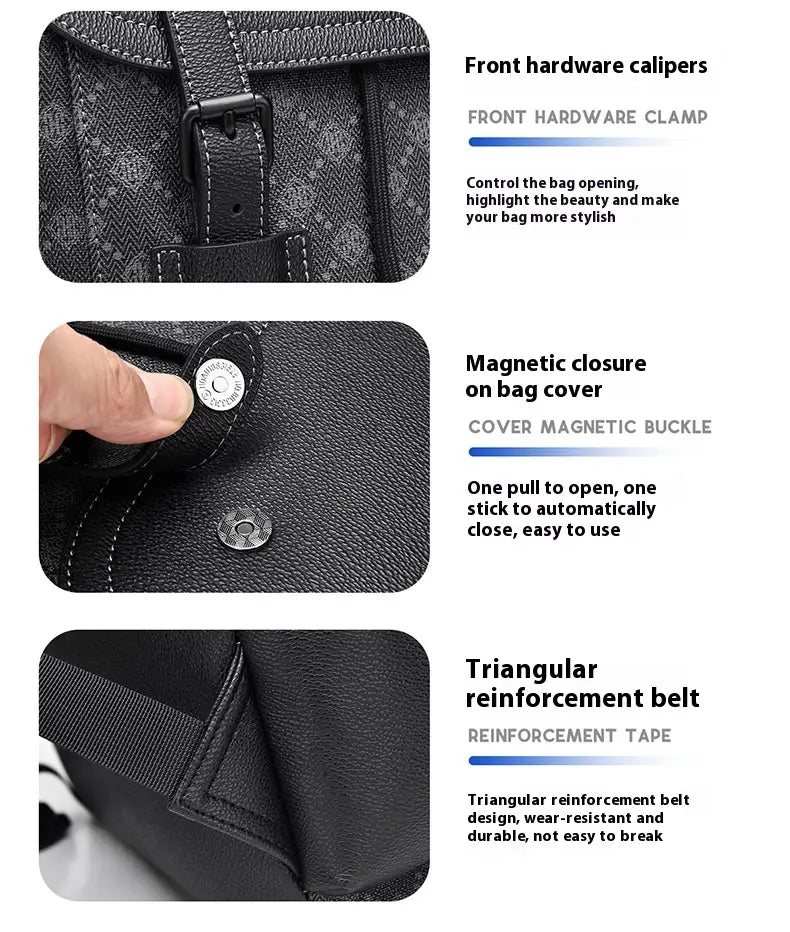 Black textured leather men’s business travel backpack with front hardware clasp magnetic closure buckle and triangular reinforcement belt featuring a laptop sleeve.