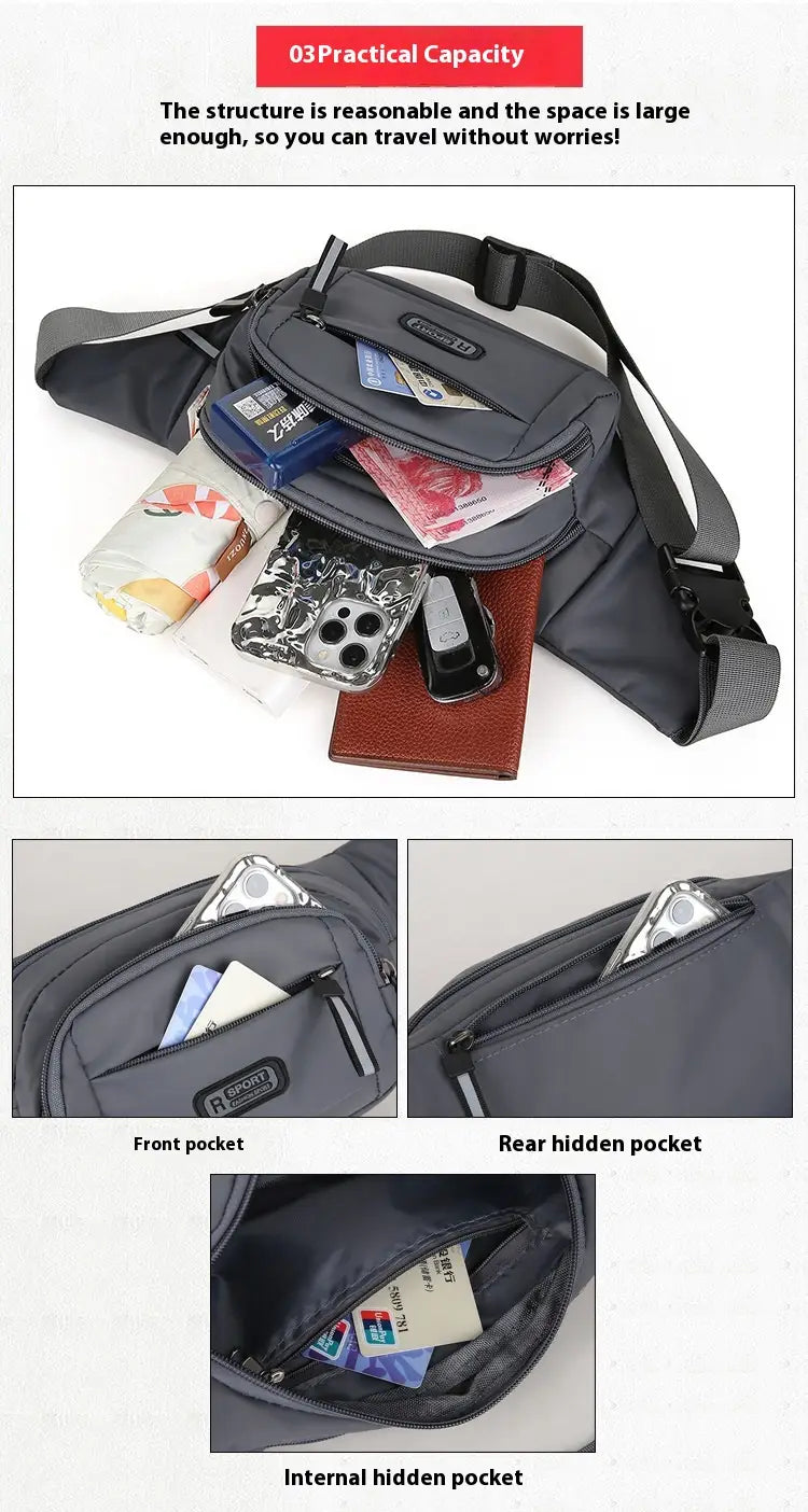 Men’s gray waterproof nylon multifunctional crossbody waist bag with multiple zippered compartments and a padded shoulder strap.