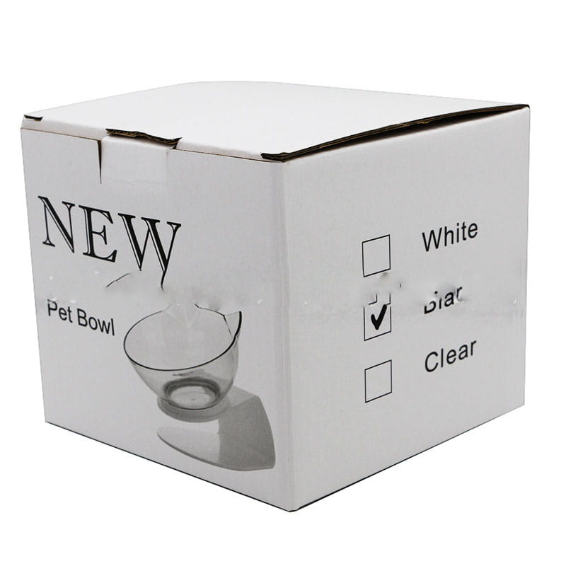 A clear glass pet bowl in a white box as part of an elevated cat bowl tilted 15 degree double feeder stand.