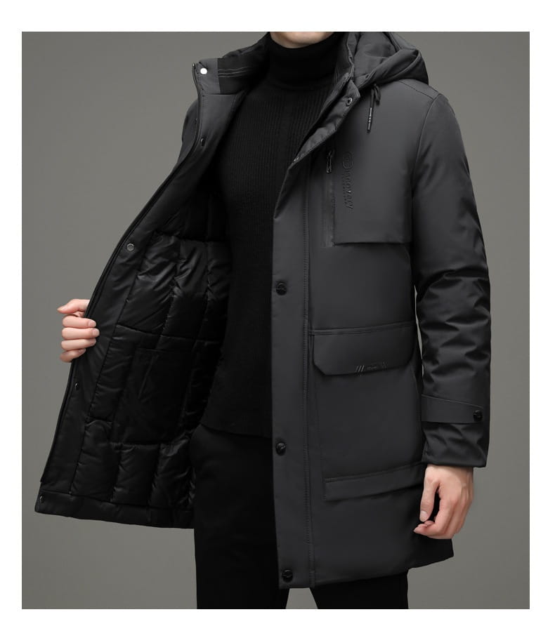 Abrigo de invierno acolchado con capucha negro para hombre, con capucha y múltiples bolsillos delanteros, diseñado para protección en clima frío