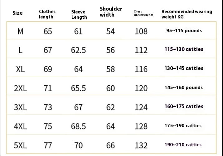 Size chart for men’s warm padded down jacket gray showing measurements in inches and kilograms for sizes M to 5XL.