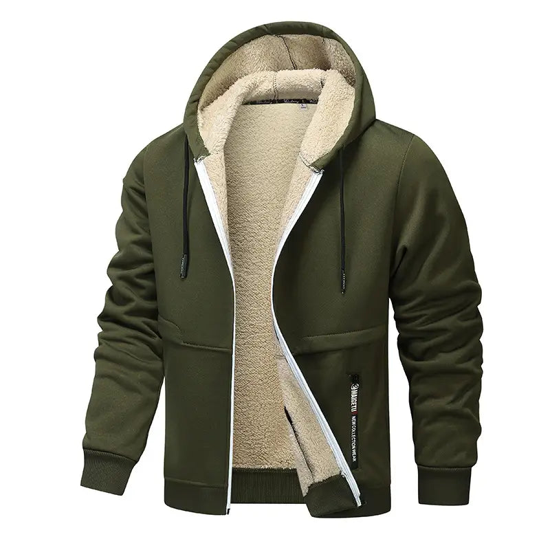 Herren-Schwergewicht-Sherpa-Fleecepullover mit Reißverschluss, innen mit Sherpa gefüttert, in olivgrün mit plüschigem beigem Sherpa-Futter und schwarzen Kordeln
