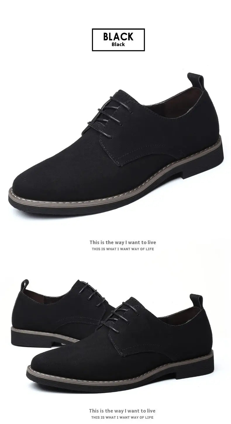 Men’s plus size British style suede casual Oxford shoes in black with lace-up design, contrasting gray rubber sole, and stitched detailing.