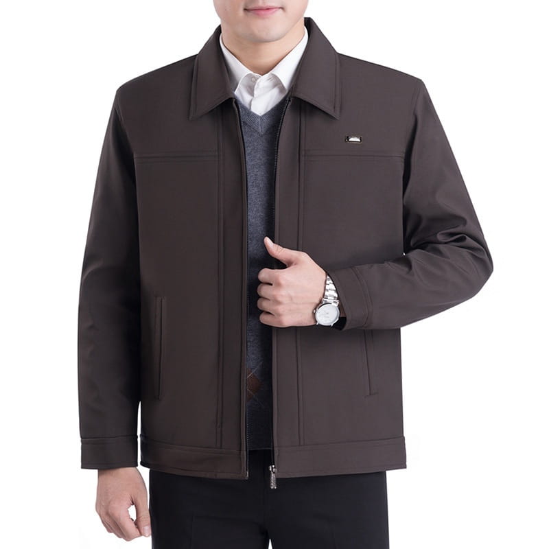 Dark brown sleek modern men casual quilted jacket with a subtle logo on the left chest suitable for autumn outerwear.