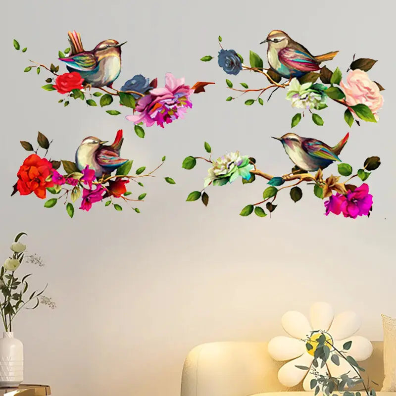 autocollant mural floral de fleurs et de pies, présentant des décalcomanies colorées d’oiseaux et de fleurs, avec des fleurs vibrantes de rouge, rose, bleu et vert, ainsi que des oiseaux au plumage détaillé perchés sur des branches, pour une utilisation décorative en décor mural floral.