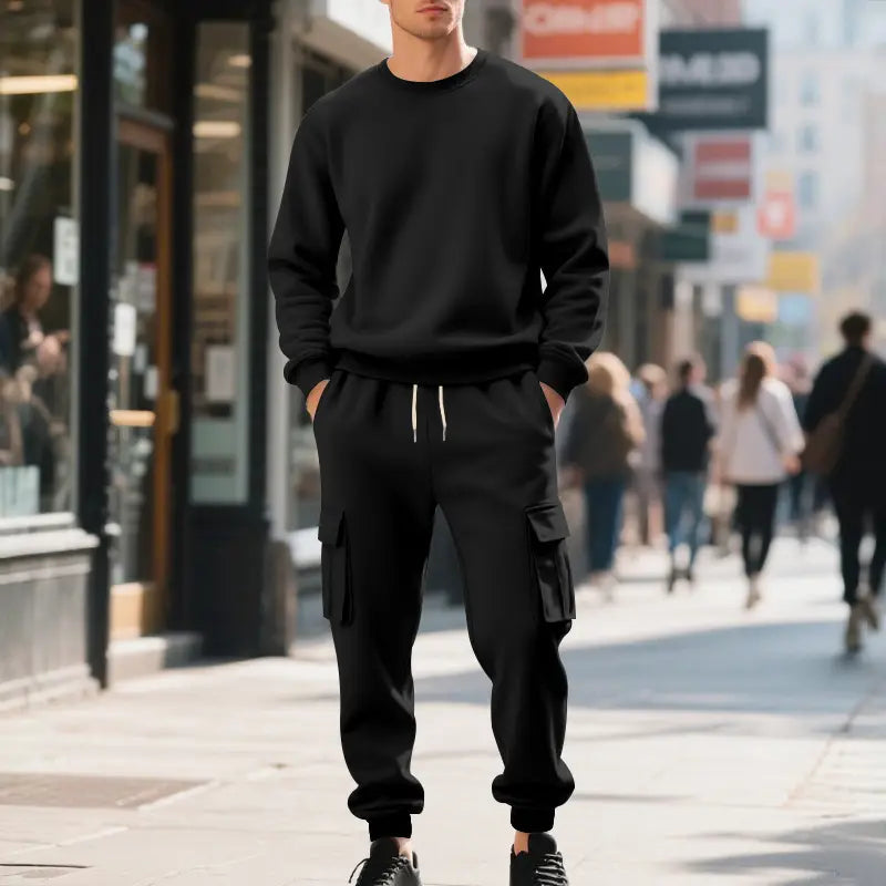 Black crewneck fleece sweatshirt with ribbed cuffs and waistband from men fleece cargo sweatshirt and pants set.