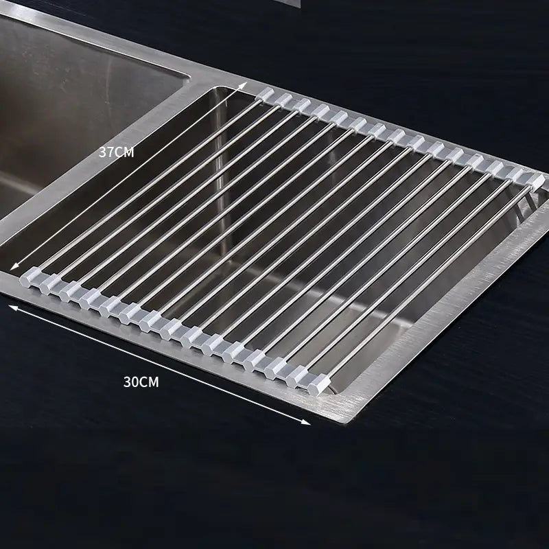 Stainless steel roll up dish drying rack for sink featuring a sleek modern design with parallel bars and reinforced corners.