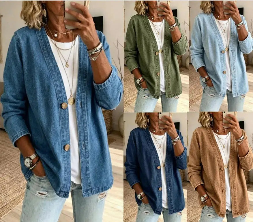 Denim cardigan jacket womens v-neck button down in medium blue denim with wooden buttons and rolled cuffs.