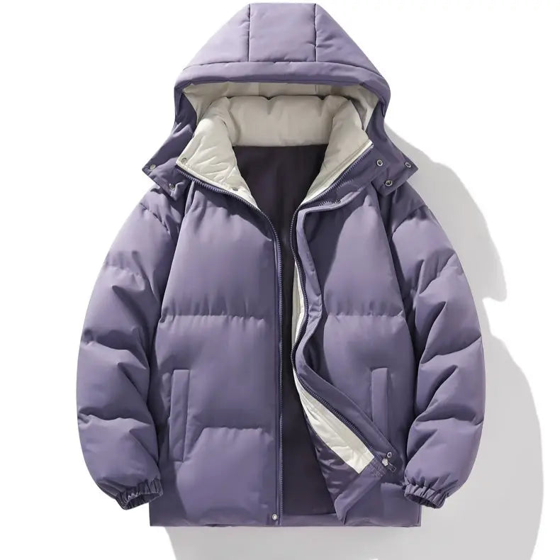 Insulated hooded quilted puffer jacket in purple with cream-colored inner lining and elastic cuffs designed for outdoor sports.