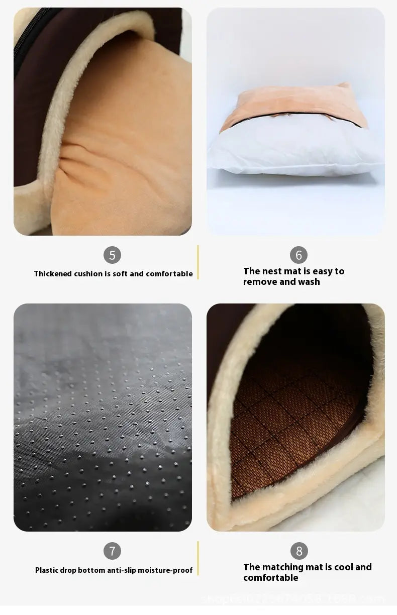 Cama portátil para mascotas de felpa suave color beige y marrón oscuro para gatos y perros, con esterilla blanca tipo nido extraíble y base de plástico antideslizante con textura.