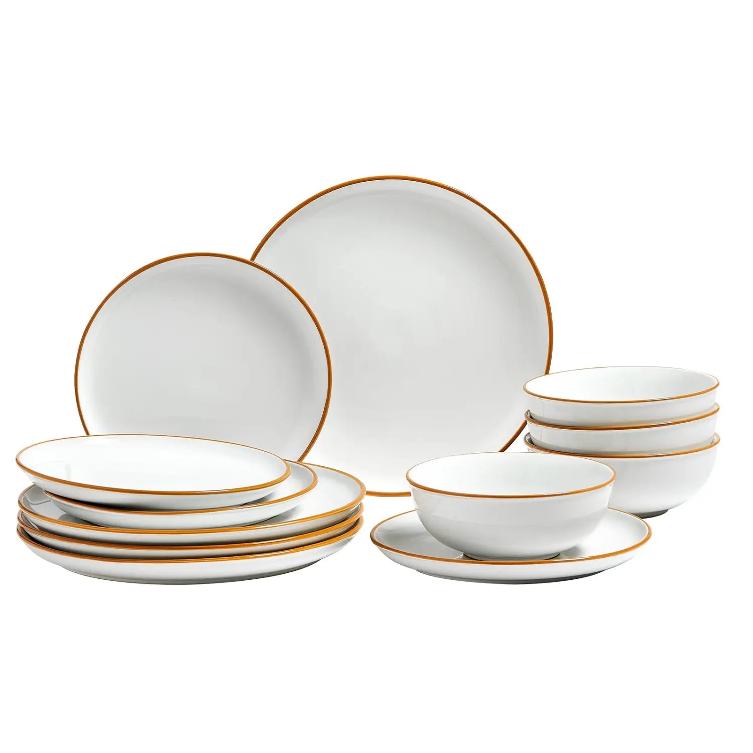 White ceramic dinnerware set with elegant gold rims on plates bowls and saucers featuring a 12 piece collection.