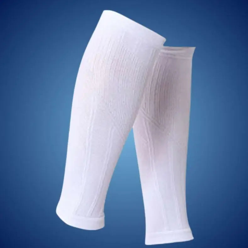 white compression calf sleeves feature a ribbed knit pattern providing athletic sports support.