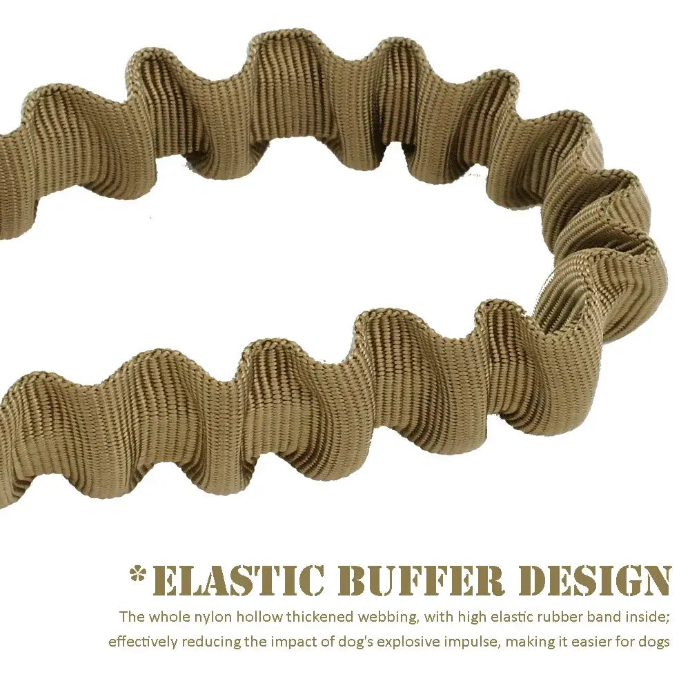 Sangle en nylon Tan avec un design d’amortisseur élastique ondulé sur la laisse tactique en bungee élastique pour chien avec doubles poignées de contrôle