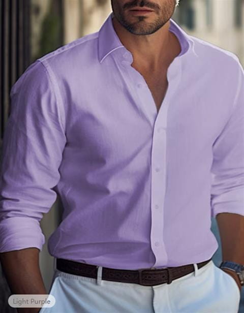 Men’s slim fit digital print linen blend casual shirt in light purple with a tailored fit and neatly rolled sleeves.