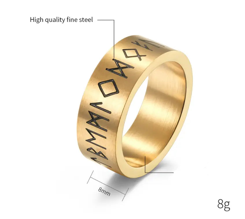 Gold-colored engraved runic titanium steel band ring for men and women made of high-quality fine steel featuring rune engravings along the band.