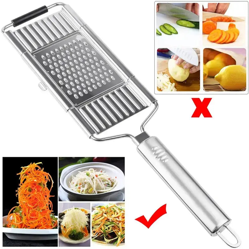 Juego de rallador y cortador multiusos de acero inoxidable con rallador de verduras de acero inoxidable, asa ergonómica negra y múltiples superficies para triturar, cortar en láminas o hacer juliana de verduras.