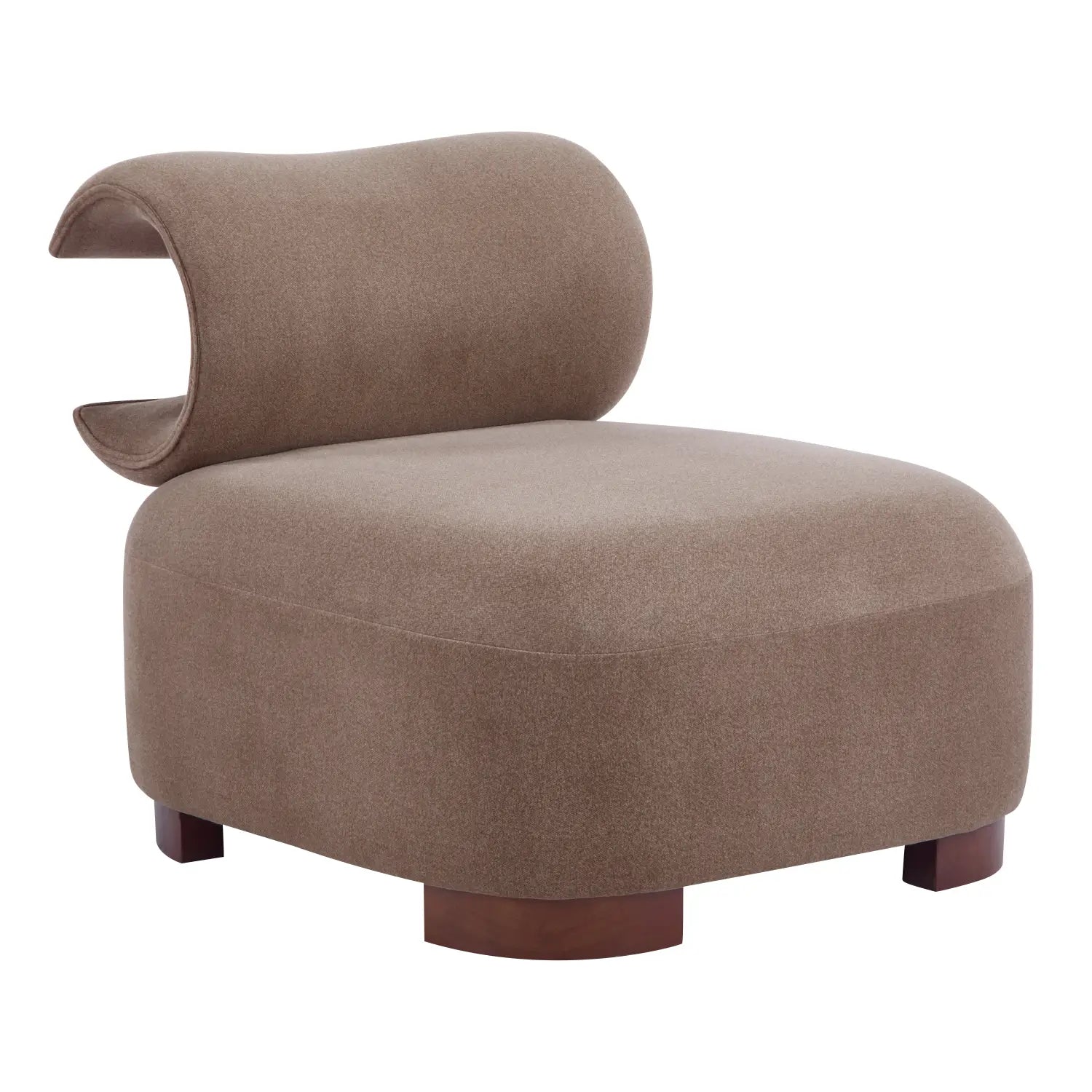 A sleek taupe-colored modern brown polyester pet friendly accent chair with curved design and dark wooden legs.