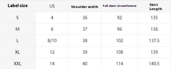 Size chart for elegant leaf print sleeveless tiered maxi dress showing us women’s skirt measurements from small to xxl including shoulder width full chest circumference and skirt length.