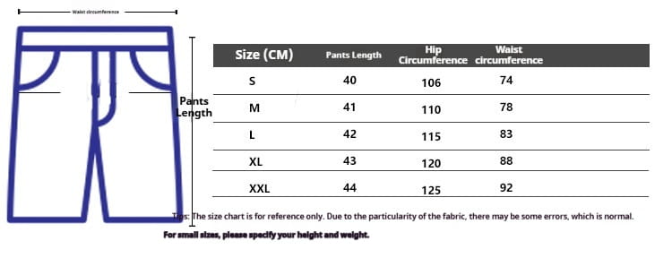 Blue outline diagram of men quick dry athletic sports shorts with size chart in centimeters