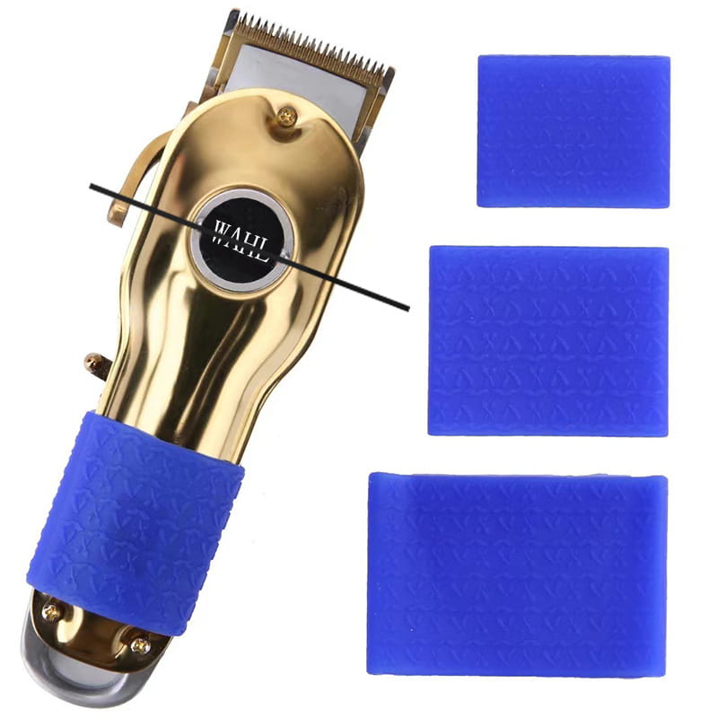 Gold-colored Wahl electric hair clipper with blue anti-slip silicone grip ring and three matching blue protective pads.