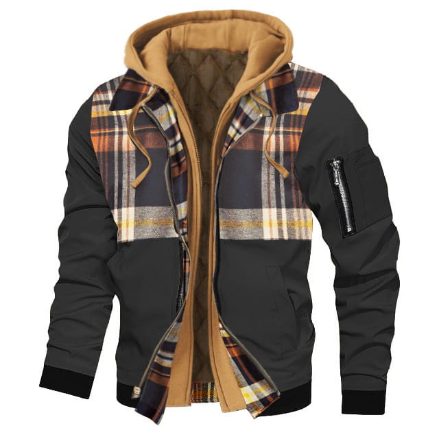 Plus size fleece lined hooded bomber jacket in black and plaid with tan fleece lining and hood.