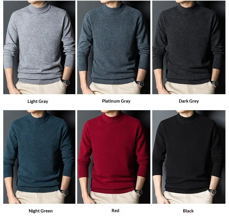 Ein Herren-Pullover mit Stehkragen im Slim-Fit, erhältlich in sechs Farben, darunter hellgrau, platin-grau, dunkelgrau, nachtgrün, rot und schwarz.