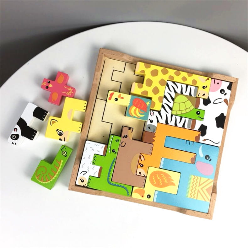 Colorful wooden animal puzzle maze stacking blocks toy with painted cartoon animals in a natural wood frame.
