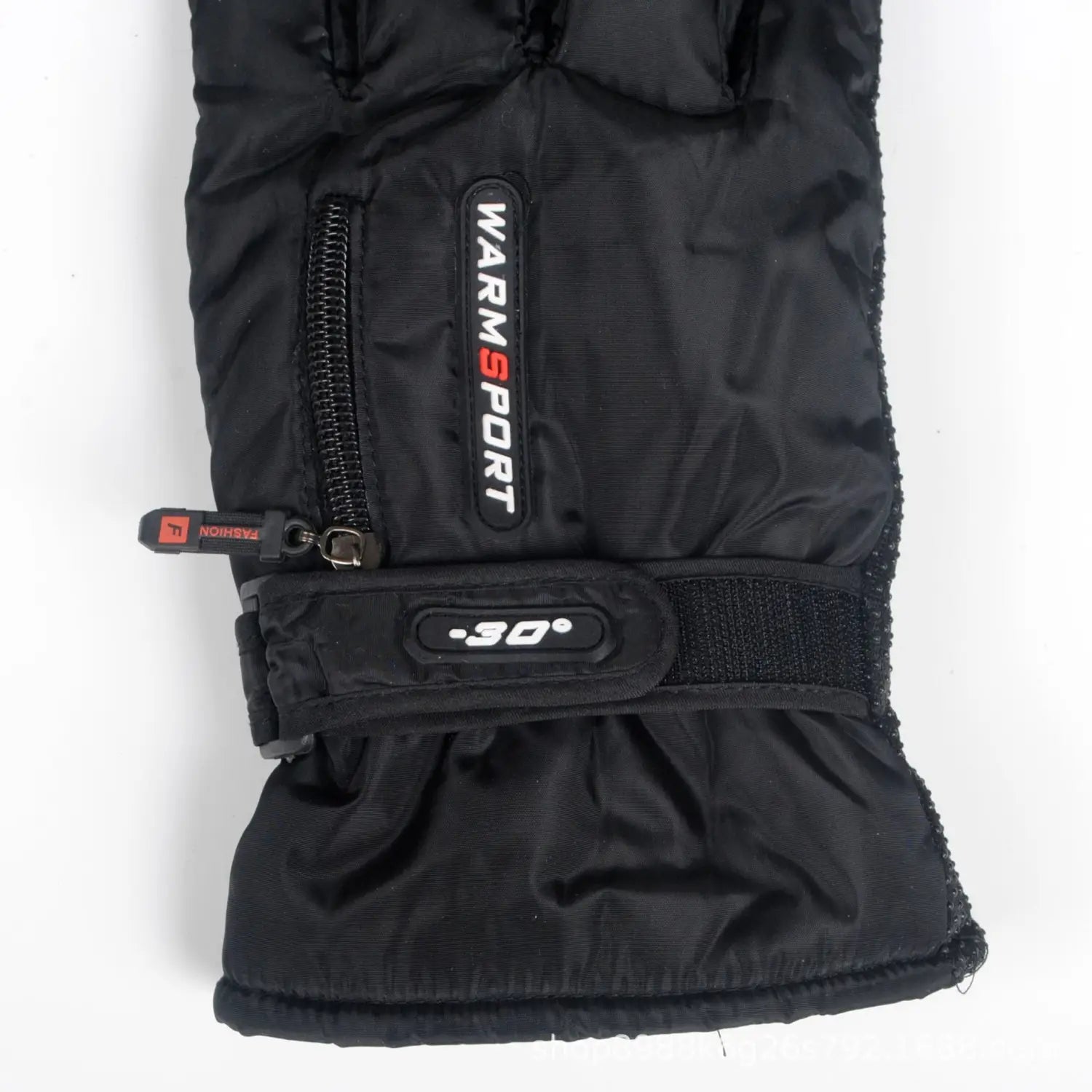 Men’s windproof thermal cycling gloves in black insulated material with a zipper pocket and adjustable strap on the back side featuring Warmsport branding.