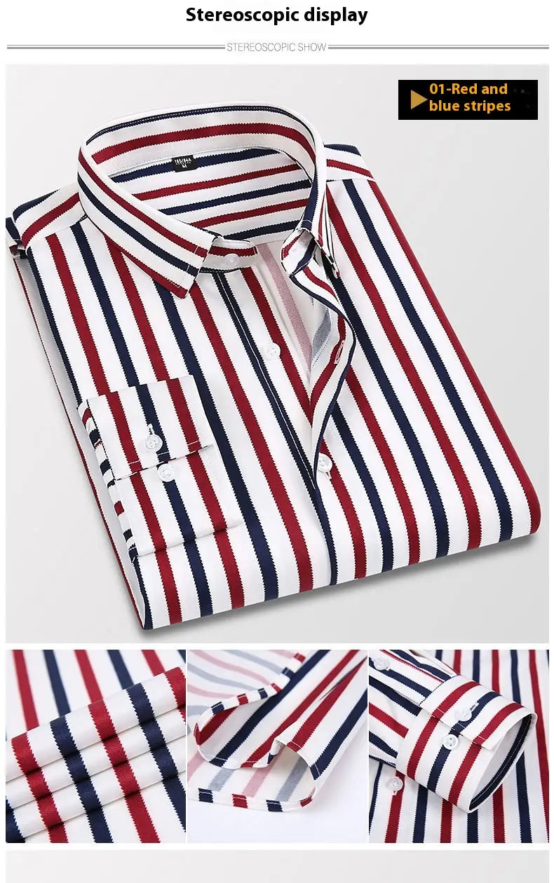 Herren gestreiftes Langarm-Slim-Fit-Hemd mit kräftigen rot-navyblauen vertikalen Streifen auf einem klaren weißen Stoff, geeignet für formelle und berufliche Anlässe.