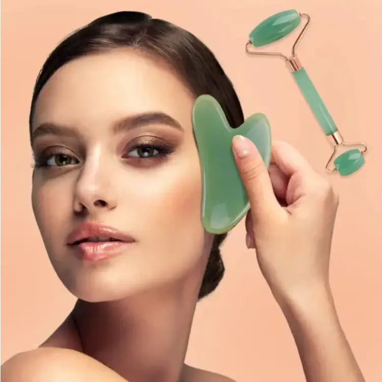 natural resin jade roller and gua sha facial massage set featuring green jade tools for skincare and facial massage.