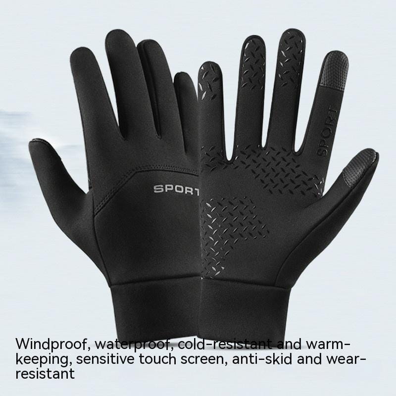 Gants de sport thermiques à écran tactile étanches noirs, avec des motifs de prise texturés sur les doigts et la paume, conçus pour une sensibilité accrue et une protection contre les intempéries.