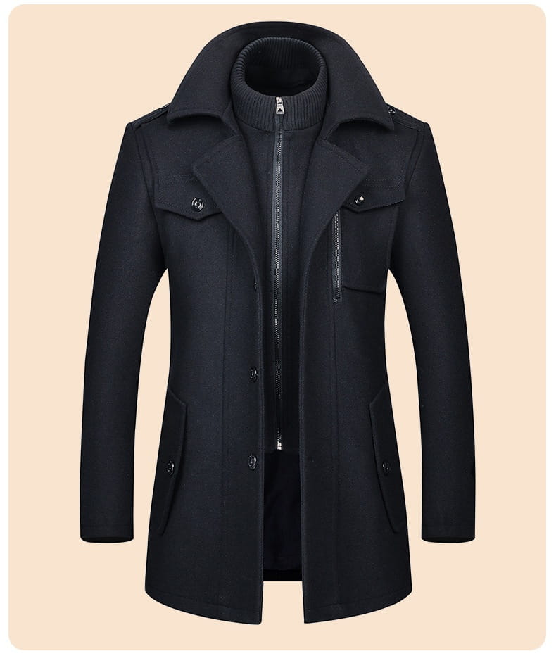 Mens wool overcoat double collar winter jacket in black wool with high collar, front zipper, and buttoned flap pockets.