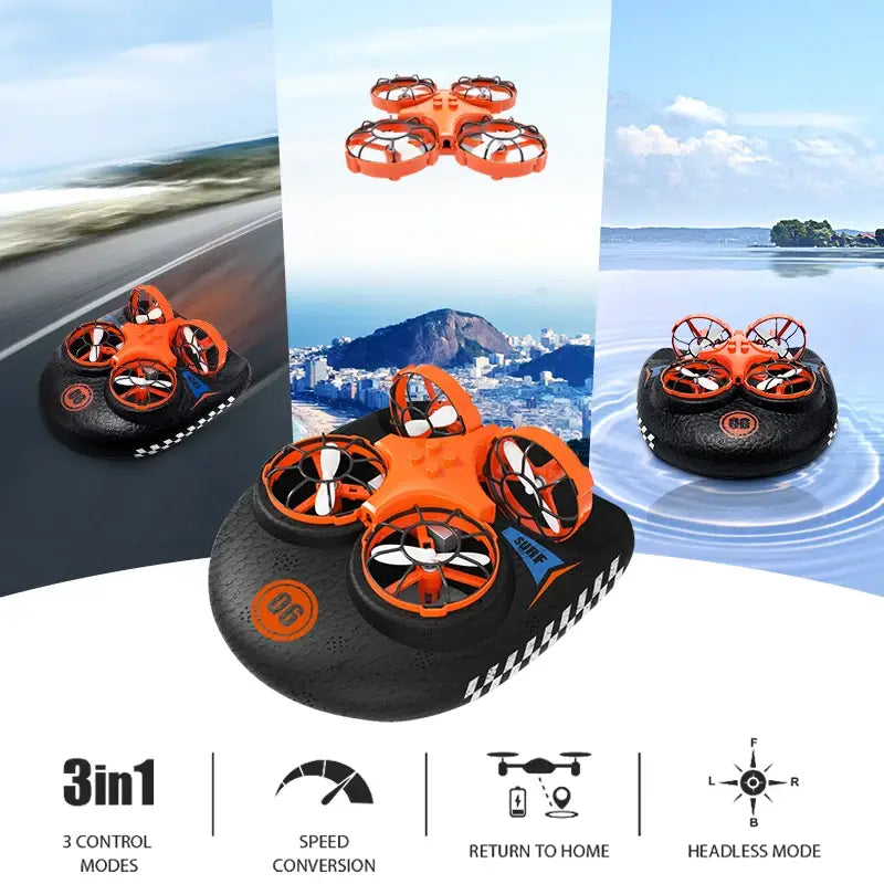 Vehículo estacionario (hovercraft) de dron RC 3 en 1 color naranja y negro con cuatro rotores, diseñado para uso en tierra, aire y agua, mostrado desde el lado posterior.