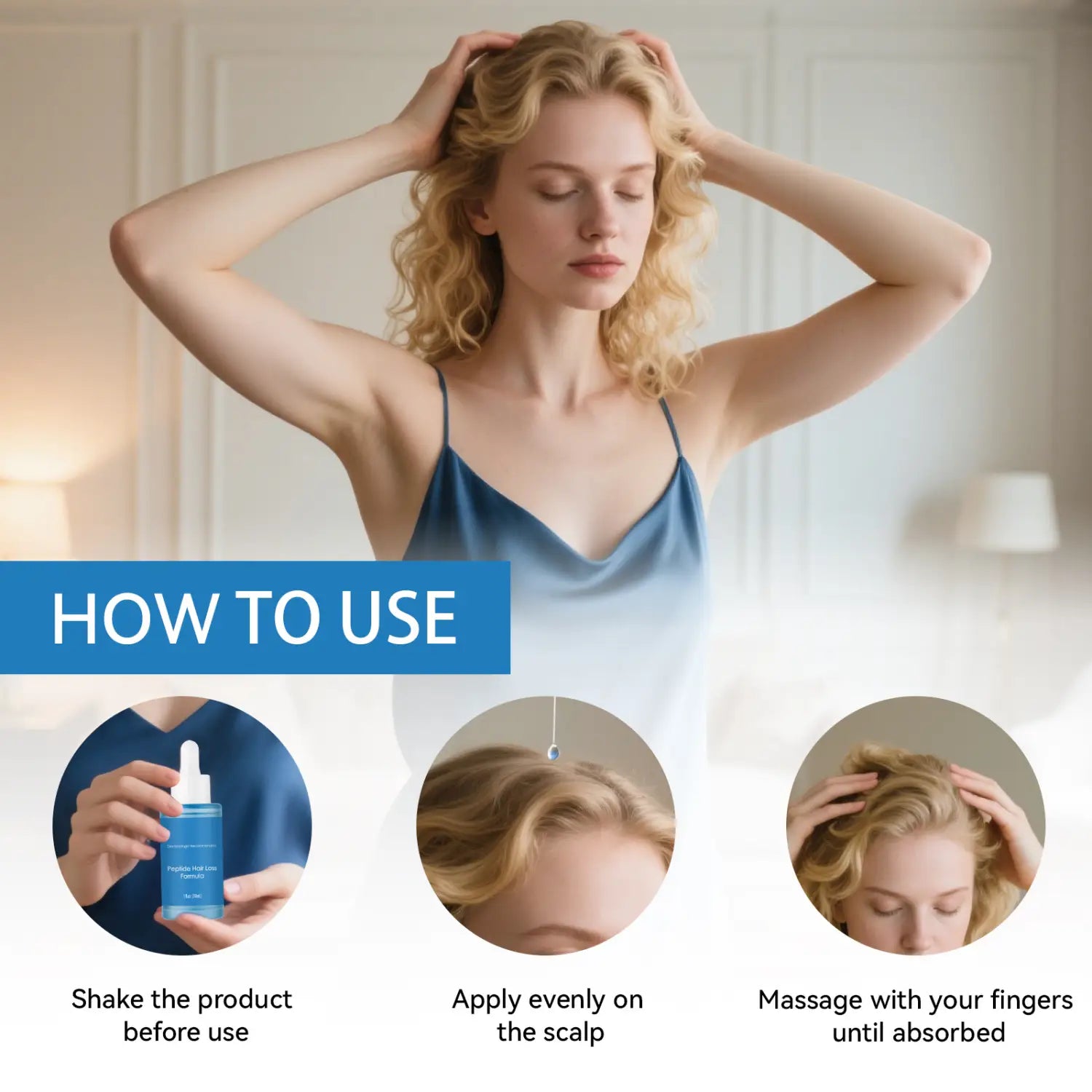 Blue glass bottle with white dropper cap and minimalist label design containing 30ml of blue copper peptide hair growth serum.