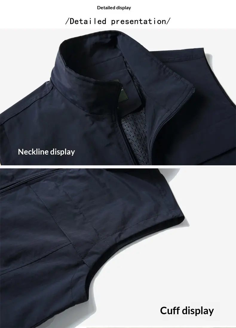 black nylon men multi pocket fishing vest with high collar and zipper closure