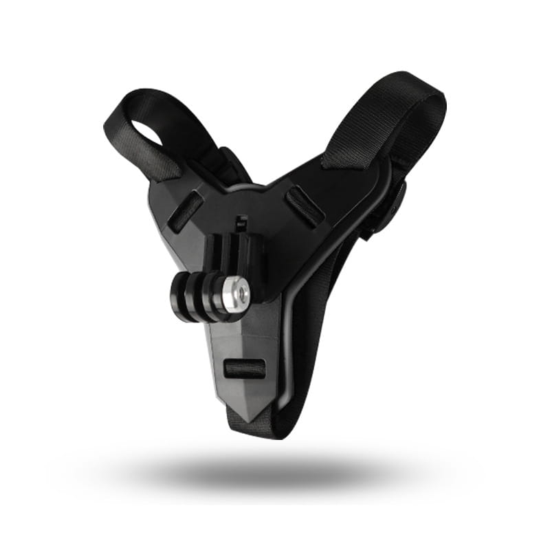 Black plastic and fabric gopro helmet chin mount with adjustable straps for dji hero 7 6 5 shown from the back side.