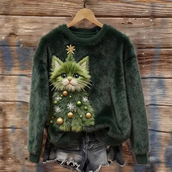 Dunkelgrüner flauschiger Pullover mit einer detaillierten 3D-Applikation eines Weihnachtsbaums, der wie eine Katze geformt ist, mit goldenen Verzierungen und Schneeflocken aus der Kollektion bestickter Tier-Weihnachts-Crewneck-Pullover