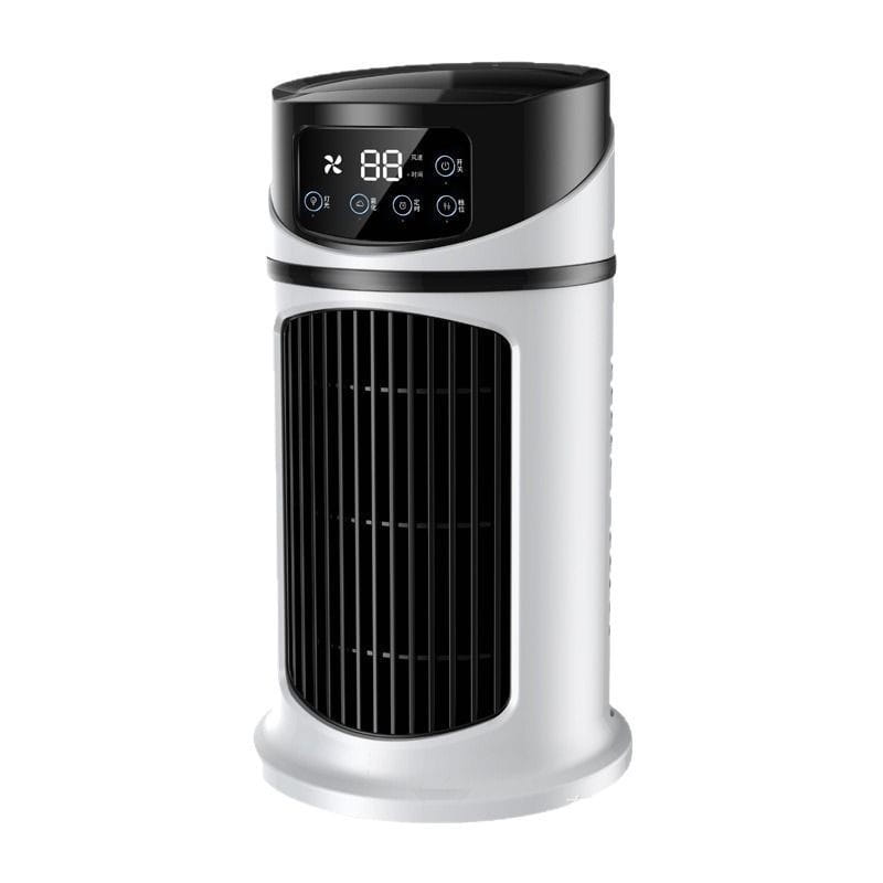 Ventilador de enfriador de aire portátil USB de estilo torre blanco y negro con panel de pantalla digital en la parte superior.