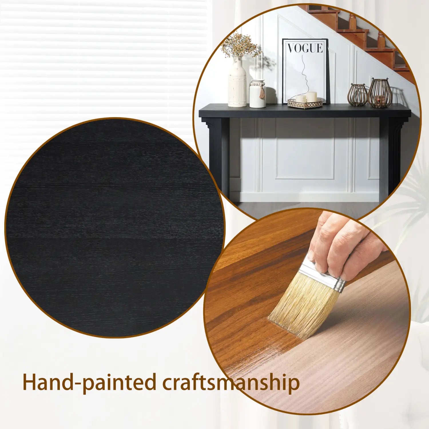 Black hand-painted wooden console table with sleek minimalist design for modern entryway accent measuring 58 inch